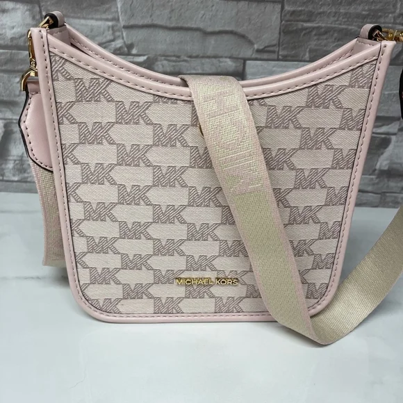 Michael Kors Briley Crossbody MK Signature Logo Jacquard Pink & White - Picture 8 of 10